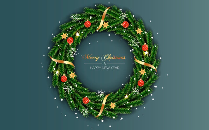 Weihnachtskranz mit Dekorationen Farbhintergrund mit Tannenzweig