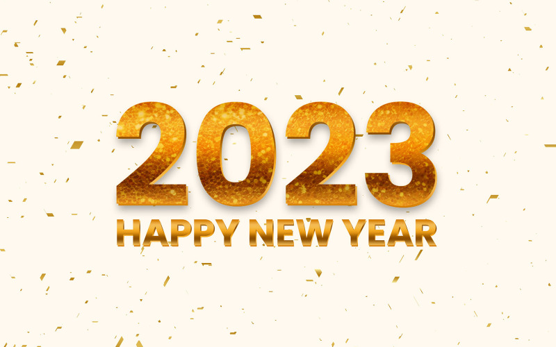 Bello e realistico felice anno nuovo 2023 elementi 3d dorati con sfondo di coriandoli