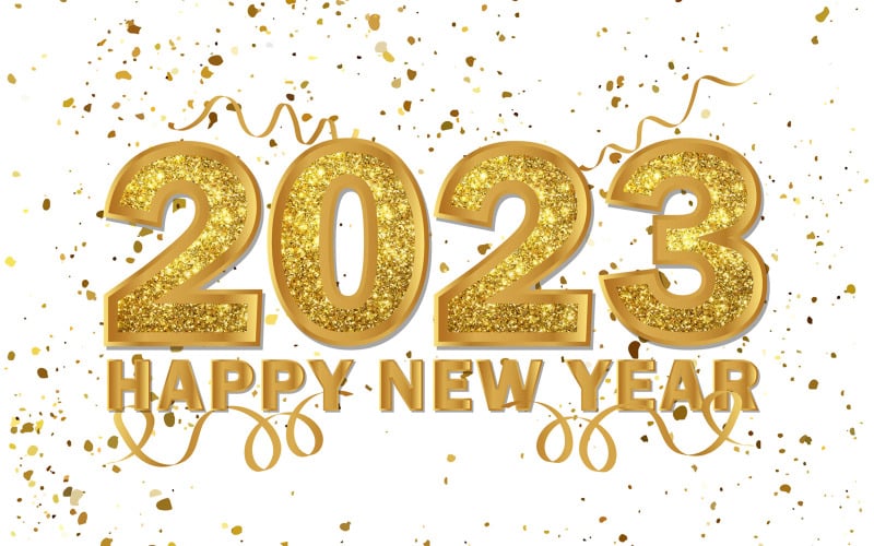 Boldog új évet 2023 aranyszínű, csillogó konfetti háttérrel