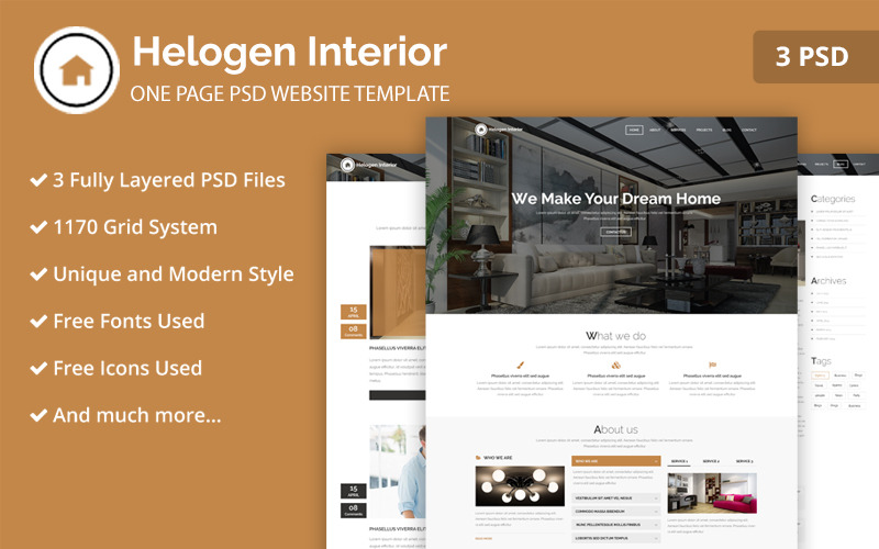 Modello di sito web PSD per interni di una pagina