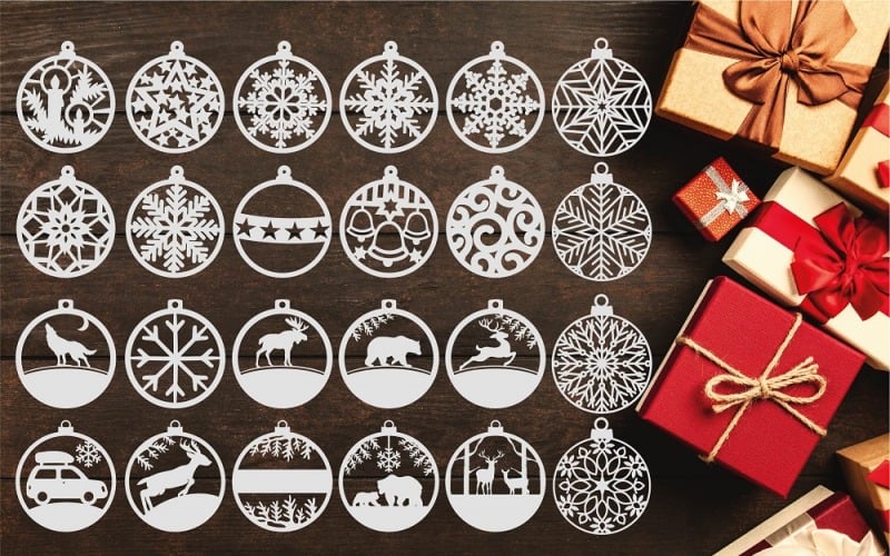 Pacchetto di 24 palline di ornamento natalizio tagliato al laser. Natale DXF, AI, SVG.