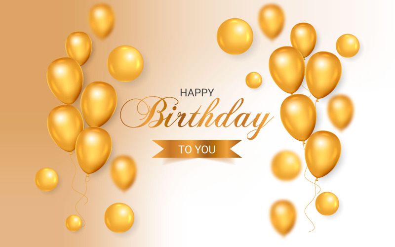 Design de modelo vetorial de saudação de aniversário. Texto de feliz aniversário com balão de cor dourada