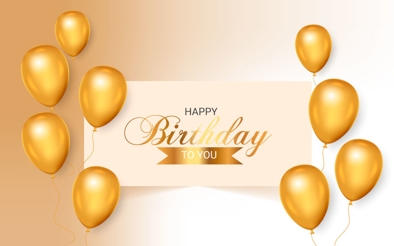 Design de modelo vetorial de saudação de aniversário. Texto de feliz aniversário com balões dourados