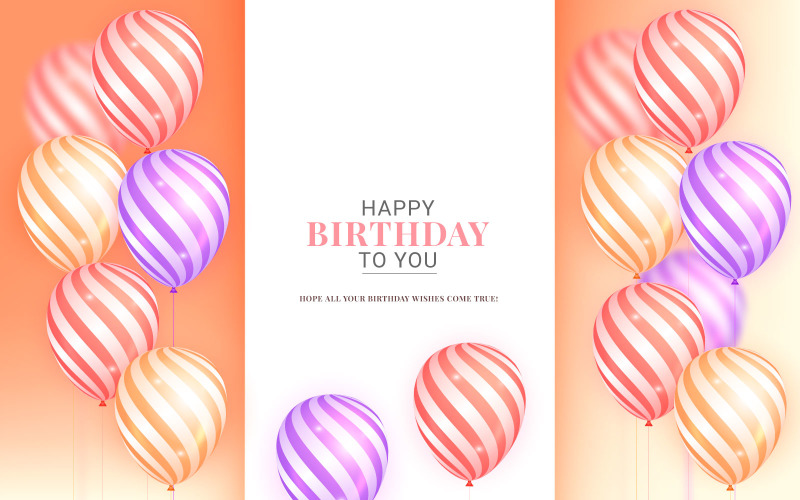 生日祝福矢量模板设计。带气球的优雅圆形空间中的生日快乐文本