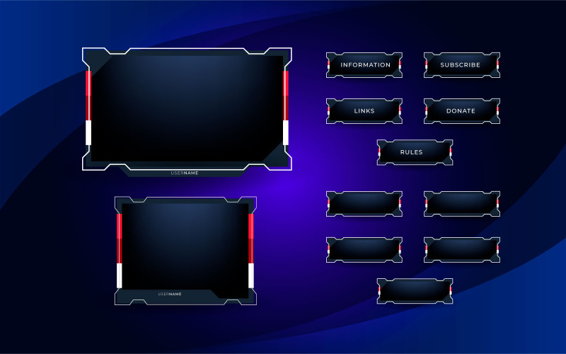 Pacchetto overlay stream Twitch che include overlay live facecam, offline, a partire da presto, pannelli twitch
