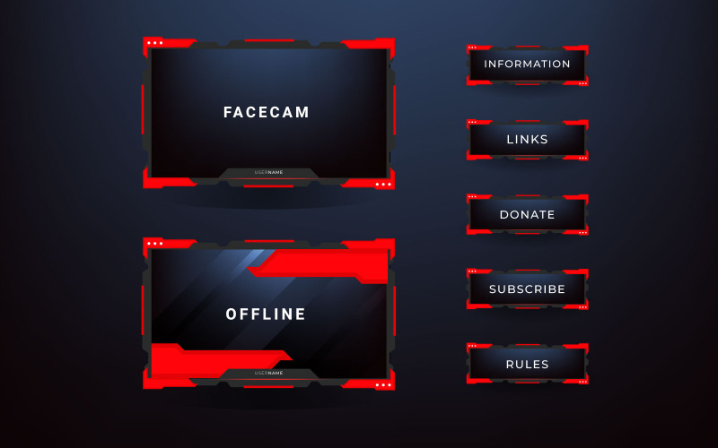 Překryvný balíček Twitch stream včetně překrytí facecam, offline, již brzy, twitch panel vector