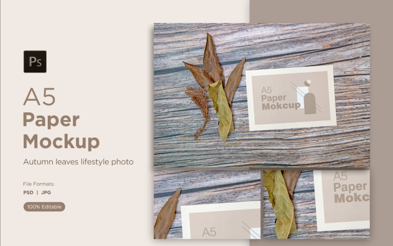 A5 Paper Mockups With Dry Leaves and Green Leaves and pinus leaves on Wooden background