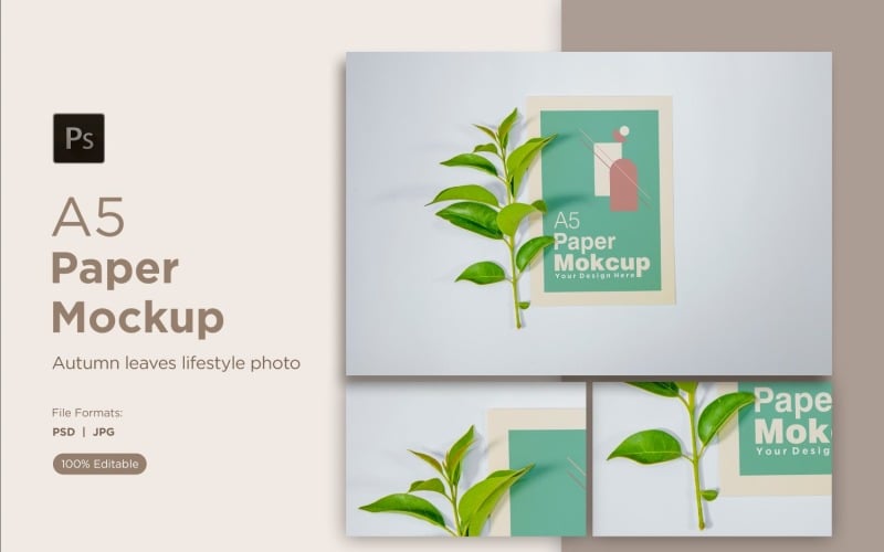 A5 Paper greeting card Mockups With Green Leaves and White Background
