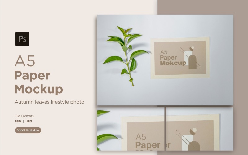A5 Paper Greeting card Mockups With Green Leaves