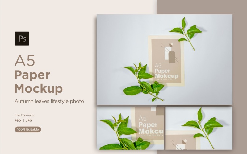 A5 Paper Mockups  With Green Leaves and White Background