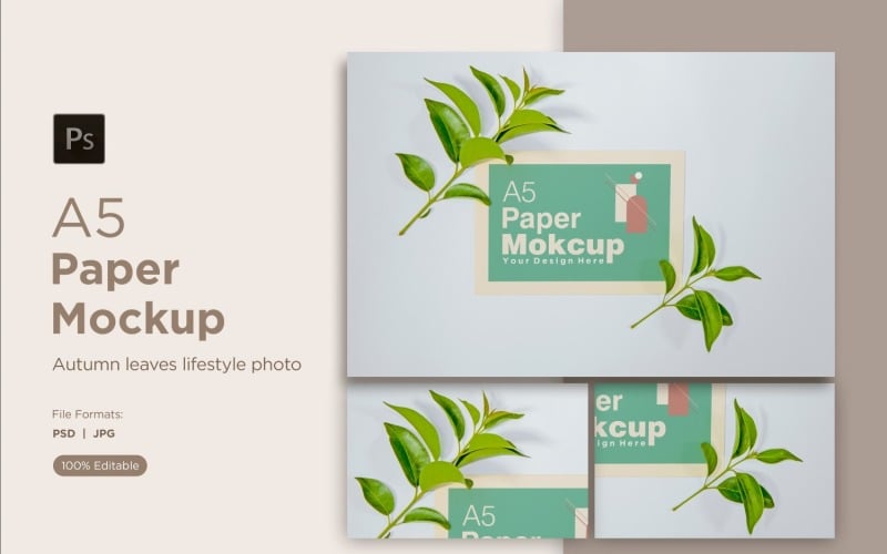 A5 Paper Mockups With  Green Leaves and White Background