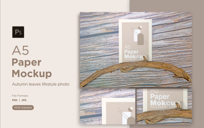 Паперові макети формату А5 із корягами й осінню на дерев’яному тлі