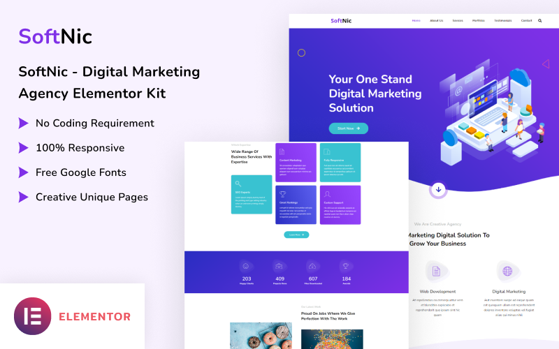 Softnic - Kit de plantillas Elementor para agencias de marketing digital