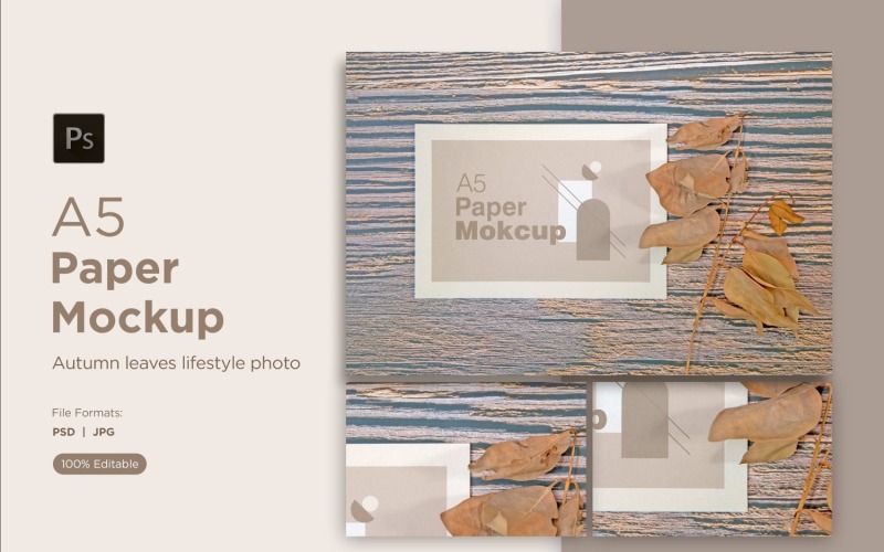 A5 paper Greeting card mockups with Dry leaves on wood background
