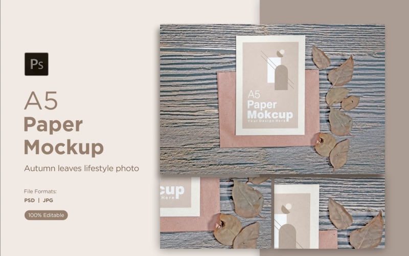 A5 paper greeting card mockups with Dry leaves on wood background.