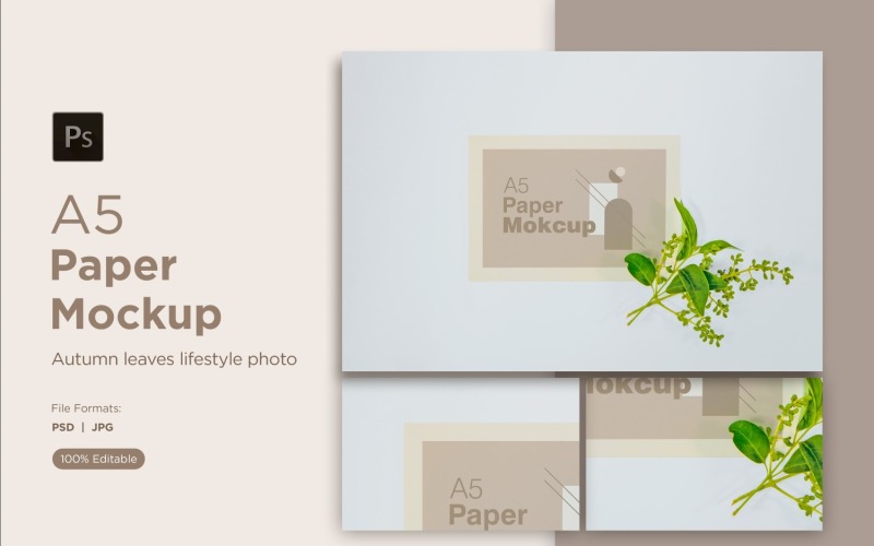 A5 Paper Mockups With Green Leaves  and White Background