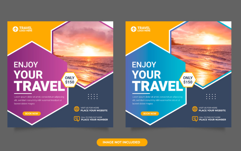 Plantilla de publicación de medios sociales de agencia de viajes. Banner web, volante o afiche para oferta de agencia de viajes