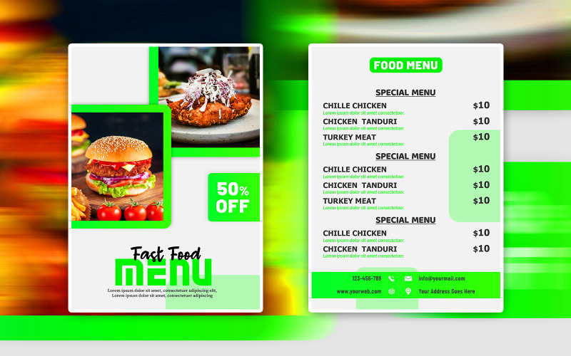 Druckfertige Designvorlagen für die Speisekarte des Restaurants Fast-Food-Flyer