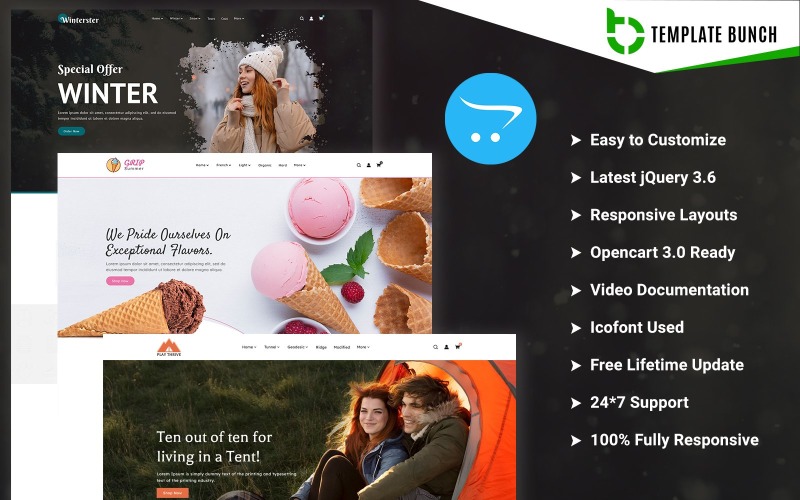 Bekvämligheter - Vinter och sommar med tält - Responsivt OpenCart-tema för e-handel
