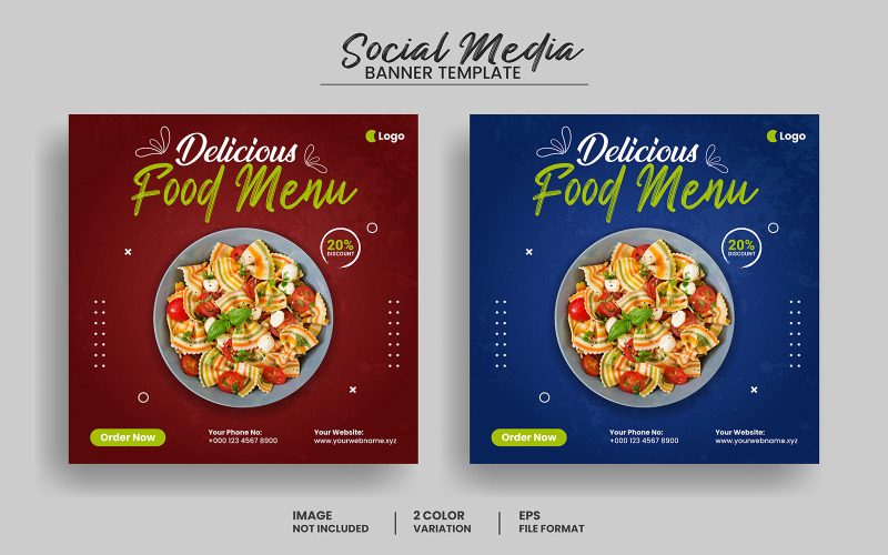 Menu Delicious Food a restaurace sociální média zveřejňují šablonu banneru a čtvercový banner Instagram