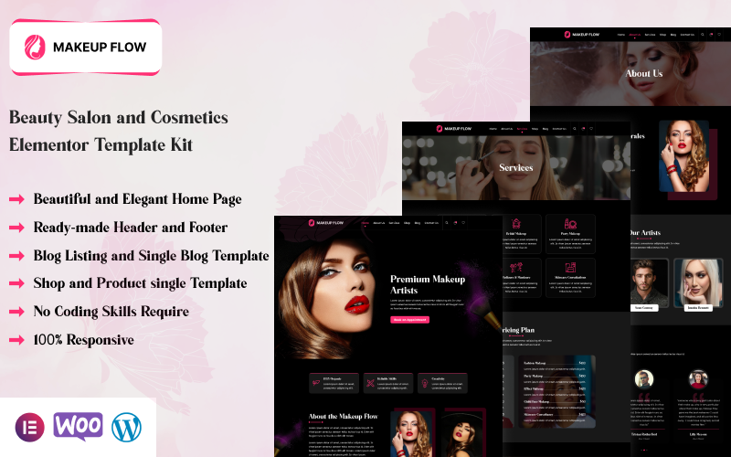 Makeup Flow - Kit de plantilla Elementor para salón de belleza y cosmética