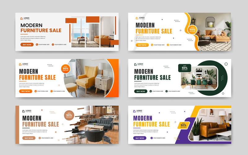 Modèle de bannière de couverture facebook de médias sociaux de vente de meubles modernes et ensemble de bannières Web