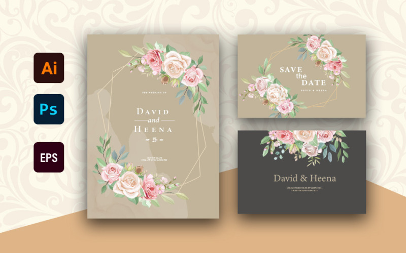 David & Heena - Elegante conjunto de tarjetas de invitación de boda floral