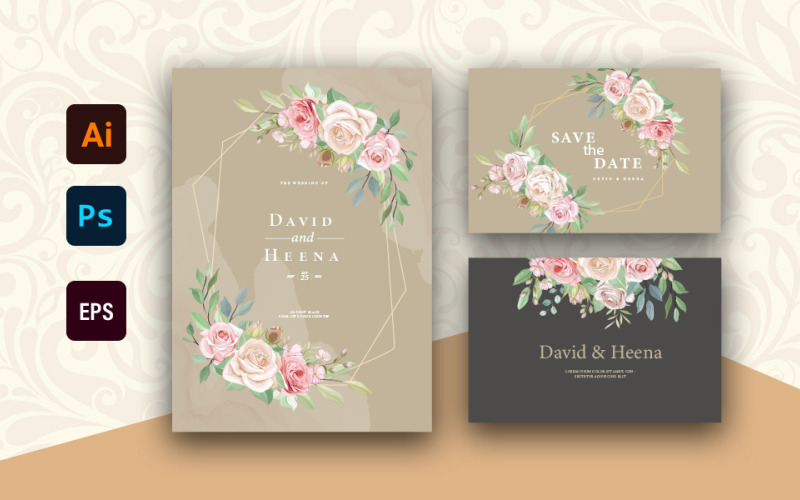 David & Heena - Ensemble de cartes d'invitation de mariage floral élégant