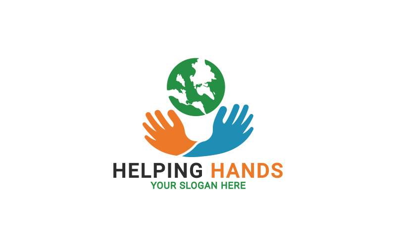Mãos ao redor do logotipo do mundo, mãos humanas segurando o globo, modelo de logotipo de mãos de trabalho em equipe