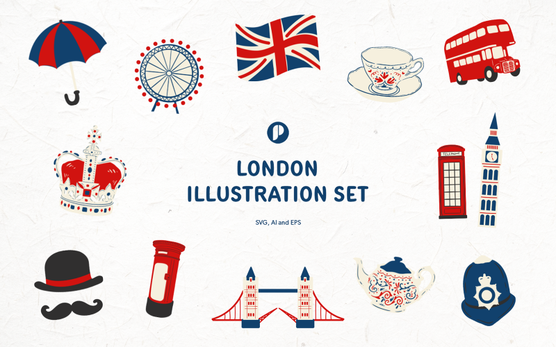 Conjunto de ilustração icônica de Londres vermelho azul real