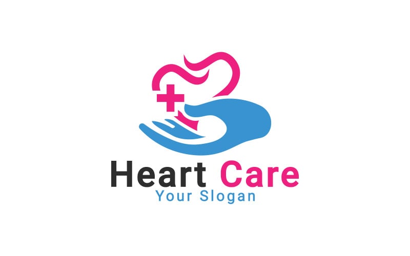 Logo de soins cardiaques, mains avec logo de coeur, modèle de logo de cube de coeur