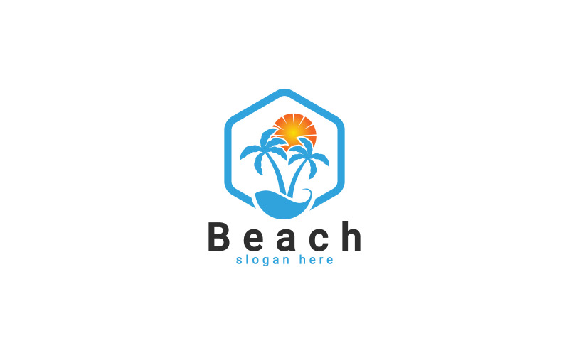 Logotipo de praia, logotipo de pôr do sol na praia, modelo de logotipo de verão de palmeira