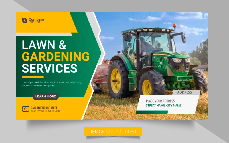 Bannière web de service agricole ou bannière de publication de médias sociaux de jardinage de tondeuse à gazon