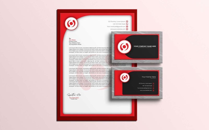 Kreativní a moderní červený hlavičkový papír a design vizitky - Corporate Identity
