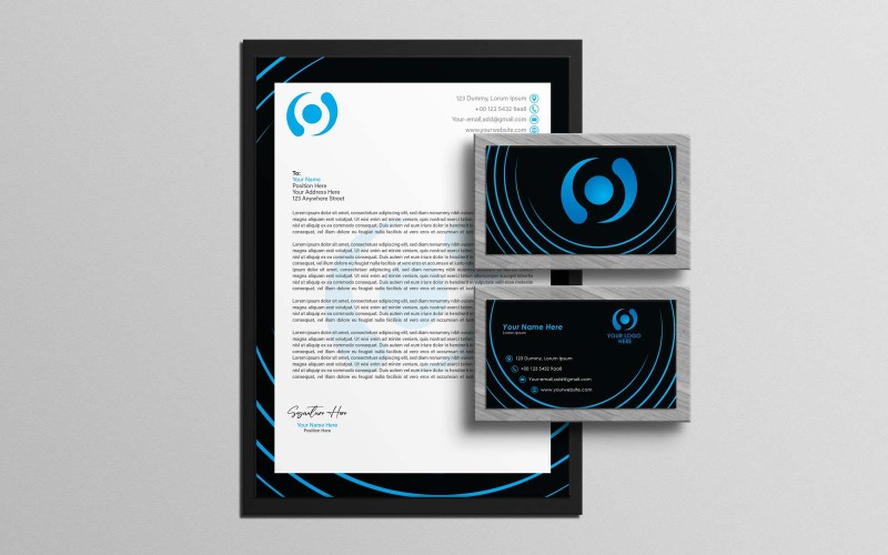 Conception professionnelle et créative de papier à en-tête et de cartes de visite noir et bleu - Identité d'entreprise