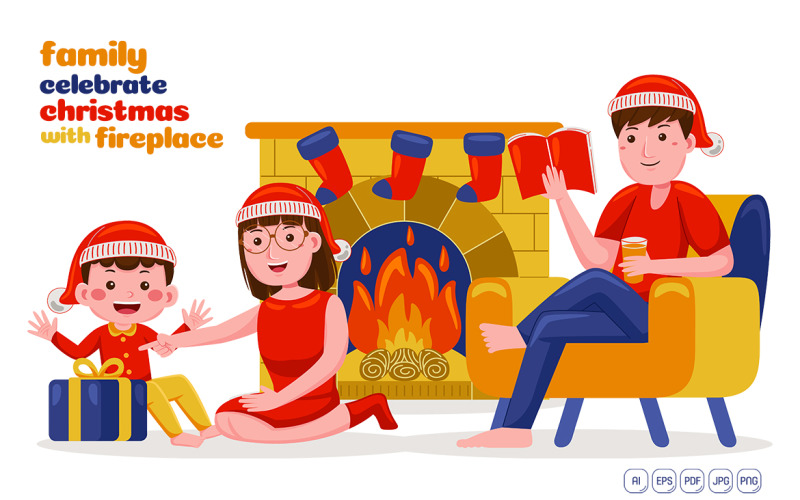 Famille célébrer Noël avec cheminée Vector Illustration