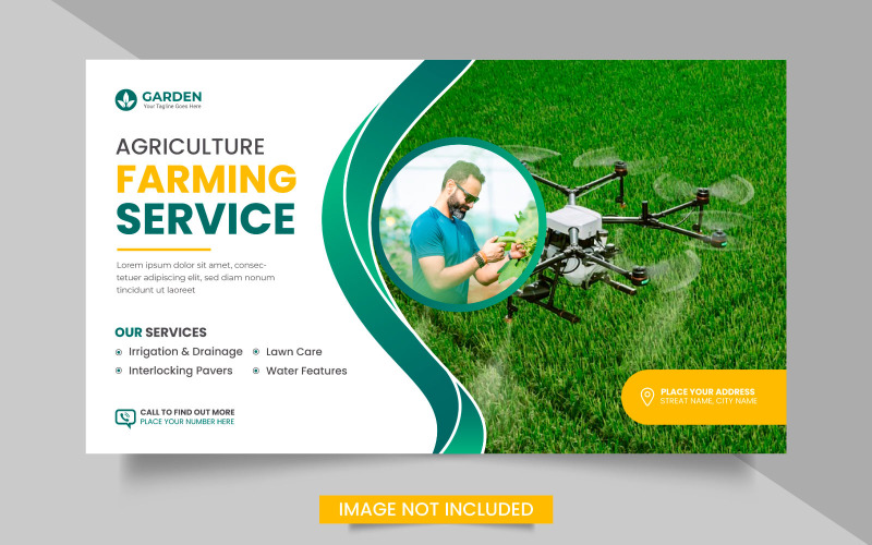 Bannière web de service agricole ou vecteur de bannière d'aménagement paysager de jardinage de tondeuse à gazon