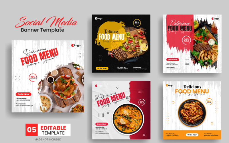 Heerlijk eten menusjabloon restaurant flyer. Set van voedsel sociale media plaatsen bannerontwerp