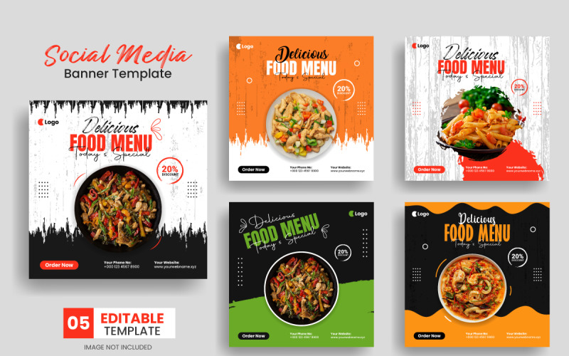 一套社交媒体帖子横幅模板设计和美味食物菜单餐厅传单布局