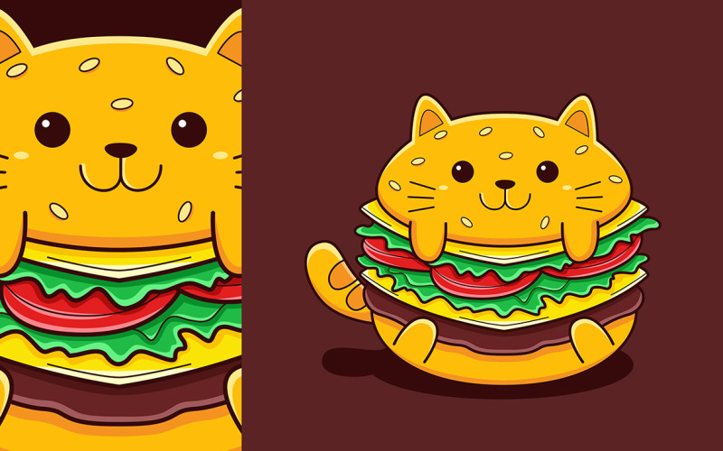 Estilo de desenho vetorial de gato hambúrguer fofo