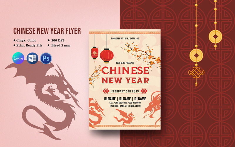 Pozvánka na čínský lunární nový rok. Word, PSD a Canva