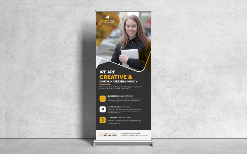 Black Roll Up Banner Template, Corporate Business Vertical Standee X Stand Banner or Pull Up Banner