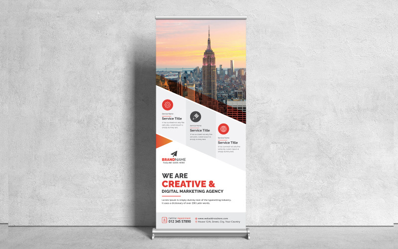 Narancssárga egyszerű vállalati roll-up banner, X szalaghirdetés sablontervező elrendezés