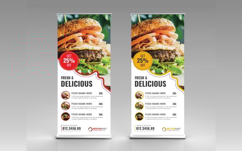 Banner enrollable para restaurante, X Banner, Standee, Ejemplo de muestra de diseño de plantilla de banner desplegable