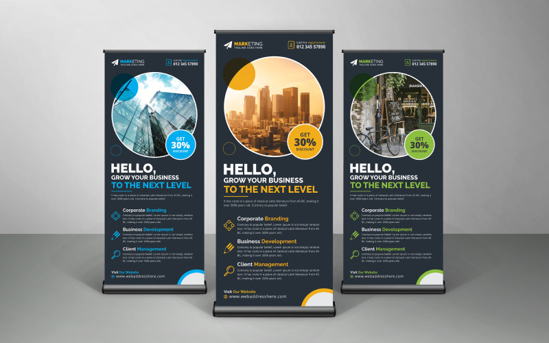 Banner roll up aziendale di colore blu, giallo, verde, banner X, design in piedi con sfondo nero