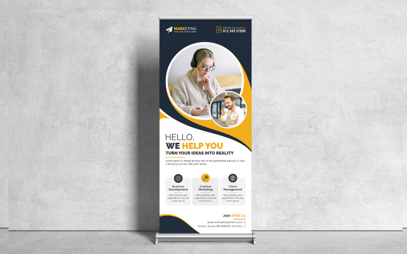 Creative Corporate Roll Up Banner, X Banner, Standee Template Design per la pubblicità aziendale