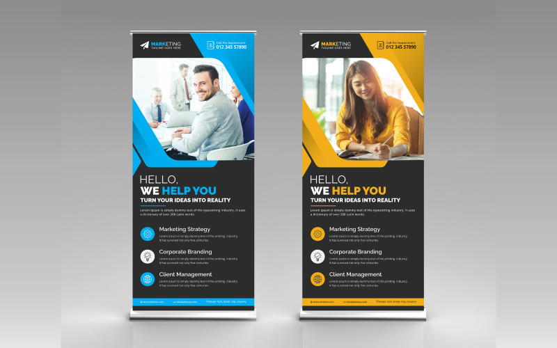 Banner roll up aziendale di colore blu e giallo, banner X, design standee con sfondo nero