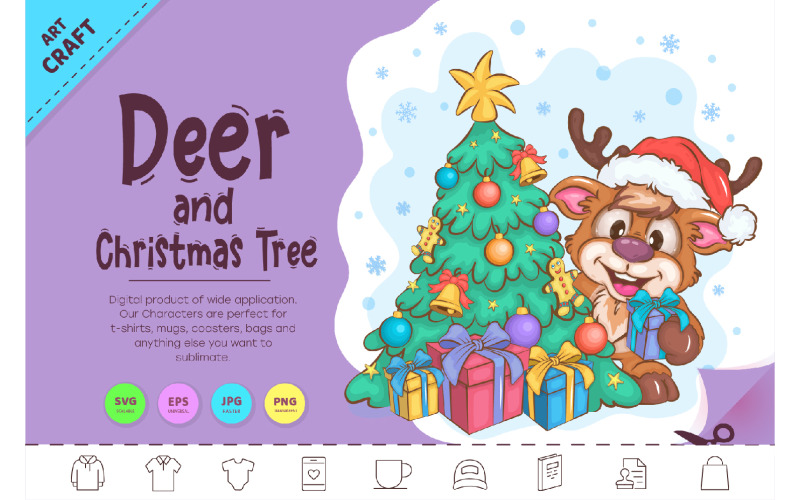 Tecknad hjort och julgran. ClipArt