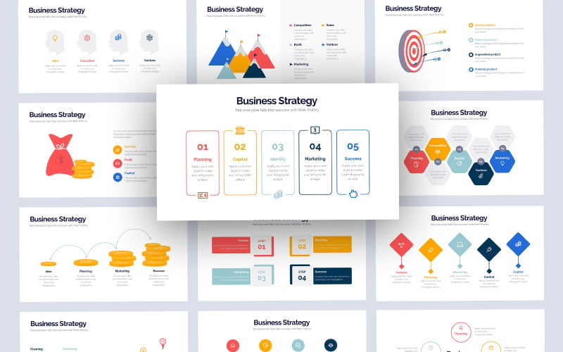 Marknadsföringsstrategi Infographic Google Slides mall