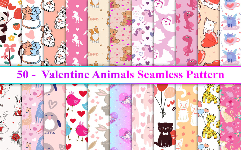 Valentine Animals Seamless Pattern, Animals Seamless Pattern, Valentin Seamless Pattern